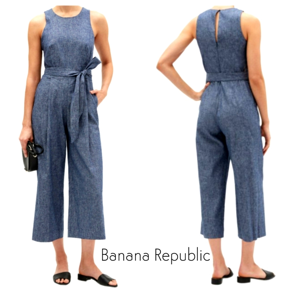 Nwot Banana Republic Blue Chambray Sleeveless Wideleg Midi Jumpsuit